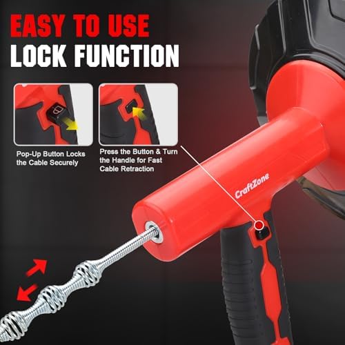 Drain Auger 33 Ft with Easy Cable Rewind System, Plumbing Snake with Drill Adapter, 2026 Upgraded Flexible Spring Steel Drain Cleaner for Kitchen