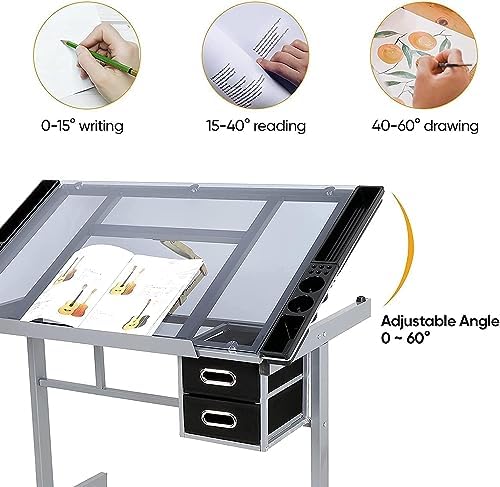 Adjustable Drafting Table Drawing Desk Art Craft Station Drafting Desk Glass Tabletop w/2 Slide Drawers and Wheels for Drawing, Sketching, Reading