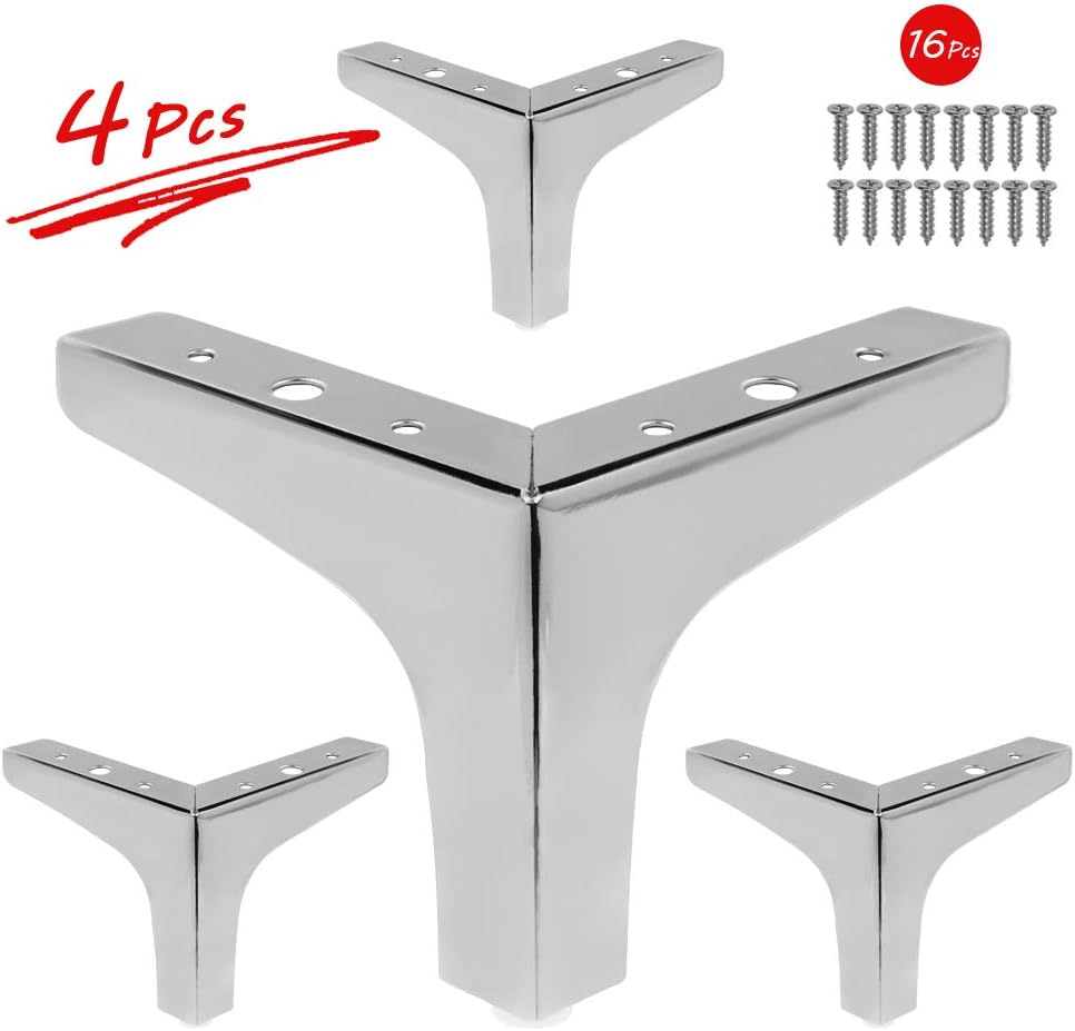 4 Pack 4 Inch Furniture Legs, Chrome Metal Polished Triangle Feet