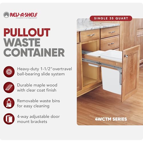 Rev-A-Shelf 35 Qt Top Mount Double Pullout Under Cabinet Kitchen Trash Cans for Base Cabinets, 150 Pound Rated Full-Extension Slides, Min Opening Width of 14.75", White, 4WCTM-18DM2-162