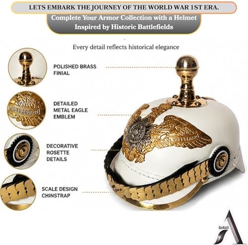 AnNafi® White German Pickelhaube Helmet | Leather Pickelhauben Imperial Prussian Helmets | Brass Military Officer Round Top Men’s Costume | WWI &