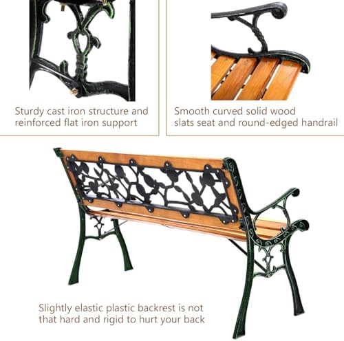 GIANTEX 50'' Patio Park Garden Bench, Outdoor Furniture Rose Cast Iron | Porch Loveseat for 2 Person with Hardwood Frame and Armrest