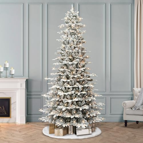Puleo International 7.5ft Pre-Lit Slim Flocked Aspen Fir Christmas Tree with 450 Clear Lights, 1016 Realistic Dense Snow Flocked Branch Tips, Easy Setup Artificial Trees with Sturdy Metal Stand