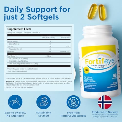 Fortifeye Super Omega-3 Fish Oil - 60 Count - 1600mg EPA + DHA - Triple Strength Ultra-Pure rTG Omega-3 Expertly Concentrated & Purified in Norway from Sustainably Sourced Wild Fish - Lemon Flavor