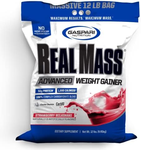 Gaspari Nutrition Real Mass: Advanced Weight Gainer, Protein and Complex Carb Blend, 50g Protein, 16g EAAs, Gluten-Free, 12 lbs (Vanilla Milkshake)