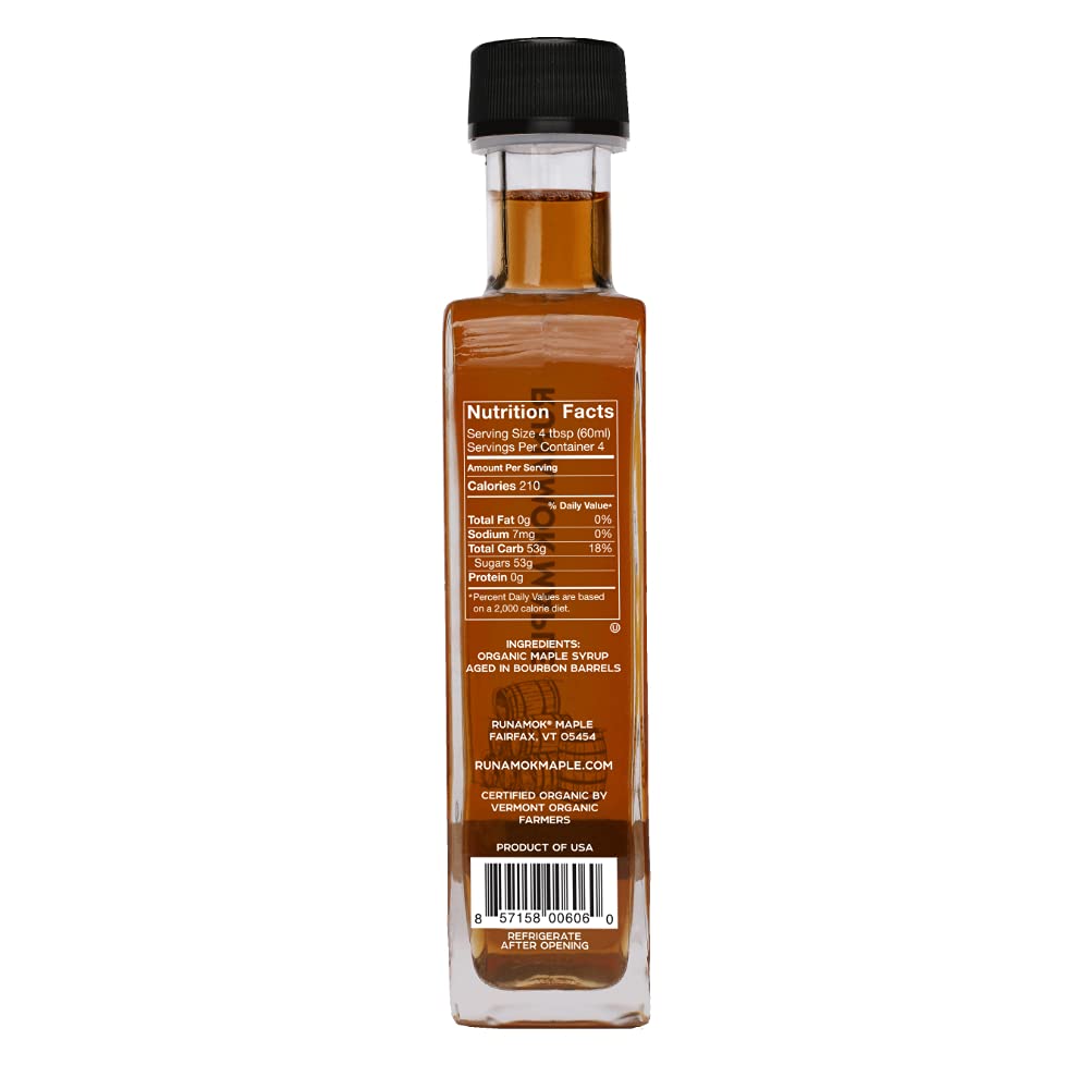 Runamok Organic Bourbon Barrel Aged Maple Syrup - Vermont Maple Syrup, Pure Maple Syrup for Cocktails, Cheese Pairing & Perfect To Be Used As Pancake Syrup, Maple Syrup Organic | 8.45 Fl Oz (250mL)