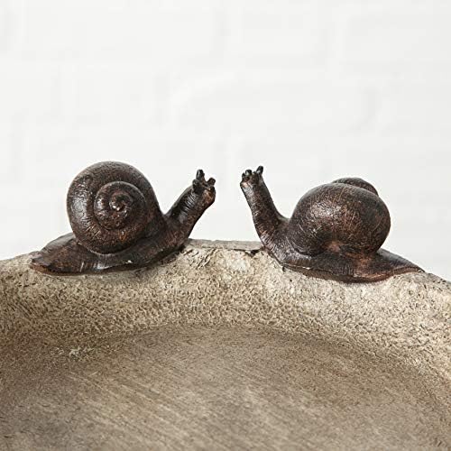Bird Bath with 2 Snails, Off White Stone Finished Basin and Brown, All Weather Poly Resin, 8 1/4 inches Diameter (21cm)