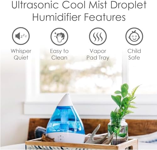 Crane Droplet Ultrasonic Small Air Humidifiers for Bedroom and Office, 0.5 Gallon Cool Mist Humidifier for Plants and Home, Humidifier Filters Optional, Blue and White