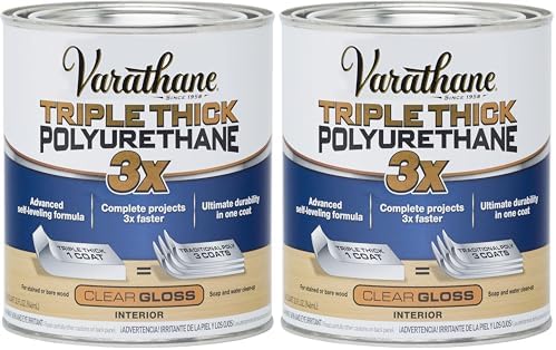 Varathane Triple Thick Polyurethane Gloss Wood Finish | One Coat Protection, Self-Leveling Formula, Scratch And Stain Resistance, Crystal Clear Finish, Quart