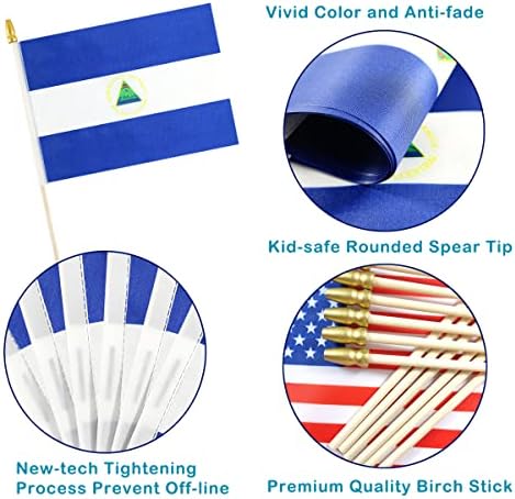 QQSD Nicaragua Small Flag Nicaraguan Stick Mini Hand Held Flags - Solid Wooden Pole with Spear Top, 12 Pack