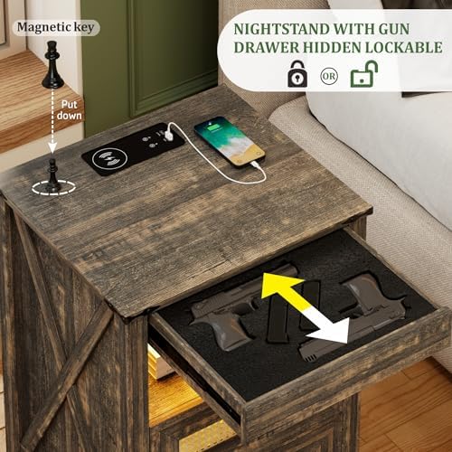 LED Night Stand with Gun Drawer & Charging Station | Human Sensor Lights, Hidden Storage, Farmhouse Rattan Style, 3 Drawers, Bedside Table for Bedroom, End Tables Livingroom