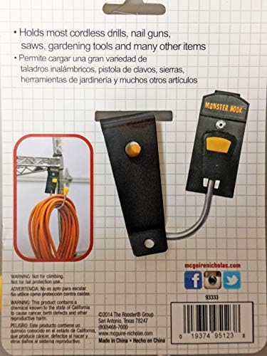 McGuire-Nicholas Monster Hook, 1 Pack, Black and Yellow | Metal clip, 180° rotating hook for drills, nail guns, saws, and garden tools