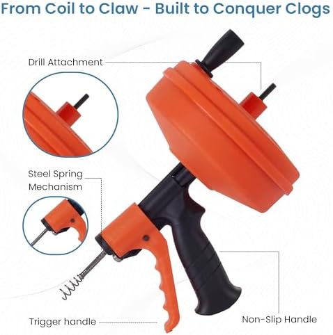 Drain Auger 50 Ft with Drill Attachment, Drain Snake Clog Remover Kit | Includes Gloves, Glasses, Brushes