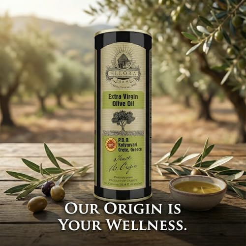 Ellora Farms, Extra Virgin Olive Oil, Single Estate PDO Crete, Greece, Traceable and High Polyphenol Olive oil, Kosher, 17 oz. Tin, Pack of 2