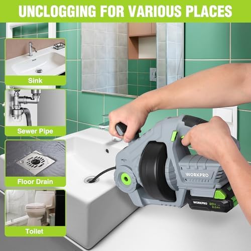 WORKPRO 20V Cordless Electric Drain Auger, 25 ft Plumbing Snake, 2.0Ah Battery | Suitable for 3/4" to 2" Pipes, Including Sinks, Toilets, Showers