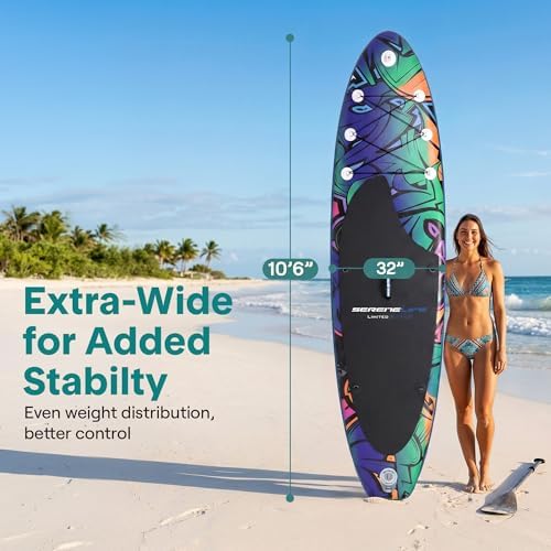SereneLife 10’6” Inflatable Stand Up Paddle Board with Premium SUP Accessories - 32” Wide Stable Design with Non-Slip EVA Deck Pad