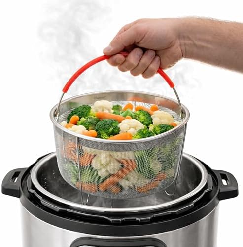 Salbree Steamer Basket for 6qt Instant Pot and Many Other Pressure Cookers | Stainless steel strainer insert with silicone handle fits the 6qt Instant Pot and most air fryers. Comes in 3 different sizes