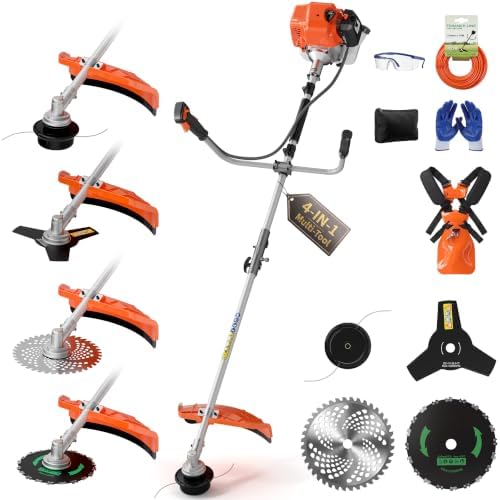52cc 4-in-1 Gas Weed Eater and Brush Cutter - Straight Shaft Commercial Weed Wacker with Metal Blade - Heavy Duty 2-Cycle Multi-Tool System for Tall