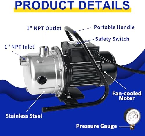 LANCHEZ 1.6 HP Shallow Well Pump, 1500 GPH Stainless Steel Water Transfer Pump, 115V Garden Irrigation Pump