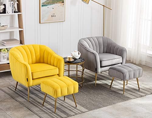 Velvet Modern Tub Barrel Arm Chair Upholstered Tufted with Gold Metal Legs Accent Club Chair with Ottoman Footrest for Living Reading Room Bedroom
