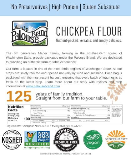 Palouse Brand Certified Glyphosate Residue Free Chickpea Flour | 3 LBS | Family Farmed in Washington State | Unbleached | Non-GMO Project Verified