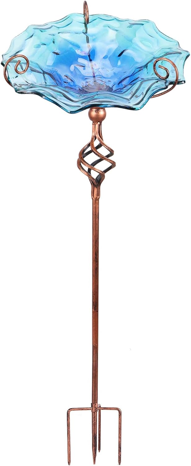 VCUTEKA Glass Bird Bath Outdoor Birdfeeder with Metal Stake Garden Decor