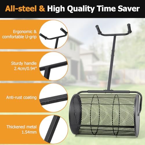 Compost Spreader 24in Peat Moss Spreader - U Shaped Comfortable Handle & Adjustable Height Powder-Coated Metal Mesh Hand Fertilizer Spreader for