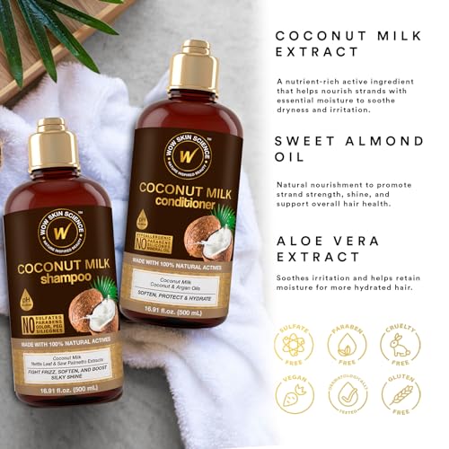 WOW Skin Science Coconut Milk Shampoo and Conditioner Set - Shampoo & Conditioner for Curly Hair - Paraben Sulfate Free - 33.82 Fl Oz