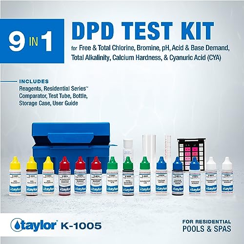 Taylor K-1005 DPD, 9-in-1 Pool Test Kit for Free & Total Chlorine, Bromine, pH, Base Demand, Alkalinity, Calcium Hardness