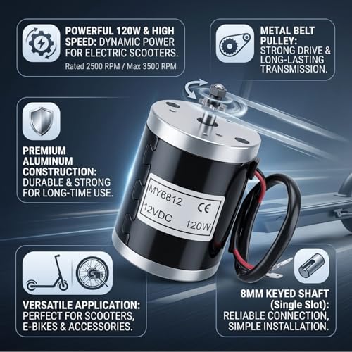 Electric Scooter Motor 12V 120W, Electric Brushed Motor High Speed Small Brush Motor with Belt Pulley E Scooter Accessory, Pulse 12v Motor for Scooter