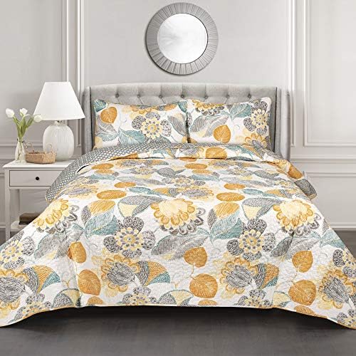 Lush Decor Layla Quilt Floral Leaf Print 3 Piece Reversible Bedding Set Full/Queen Orange & Blue