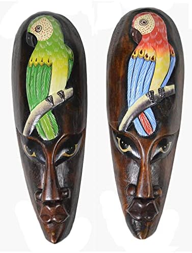 SET OF 2 AFRICAN HAND CARVED WOODEN TRIBAL MASK WITH PARROTS WALL DECOR