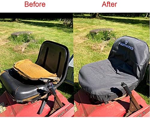 POWERWORKS Weatherproof Deluxe Riding Lawn Mower Seat Cover, Medium, Black | For Seats 12.4-14.1" High, 600D Oxford Cloth, Storage Pockets