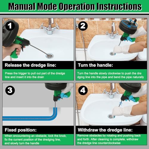 50 Ft Drain Snake, Fast Unclog Snake, 1/4 Inch, Green | Manual & Electric Plumbing Snaker for Shower Sink, Toilet and Kitchen