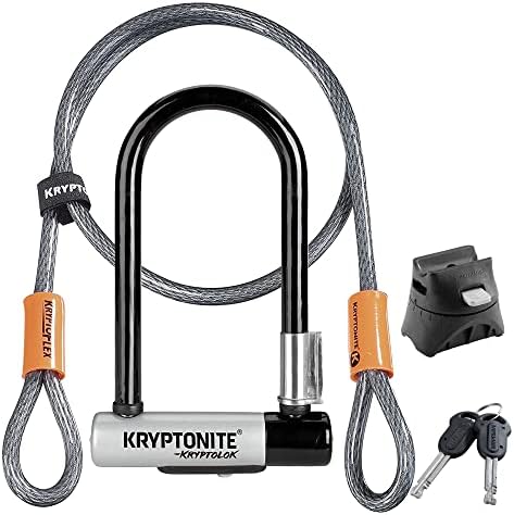 Kryptonite Kryptolok Mini-7 Bike U-Lock, 4ft Security Cable and Keys | 12.7mm hardened steel shackle, double deadbolt design, includes FlexFrame-U mounting bracket and 10mm looped steel cable