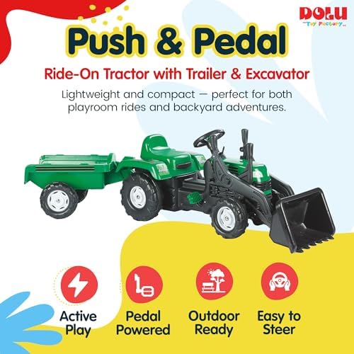 DOLU Pedal Operated Ride On Tractor for Kids with Full Ranchero Trailer, Indoor Outdoor Toy Vehicle with Front Loader & Hauling Trailer for Ages 3–6