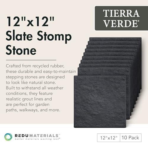 TierraVerde Faux Stone Square Stomp Stones, 12"x12", Black, 10-Pack | Durable Rubber Stepping Stones for Landscaping, Gardening & Walkways
