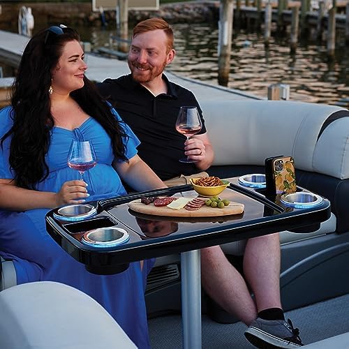 Manufacturers' Select Battery Op Lit Marine Boat Table Leg Set. Large Top with Blue LED Drink Holder. Pontoon Accessories