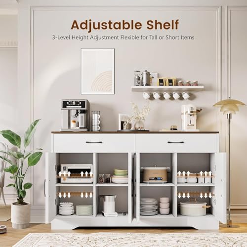 Sideboard Buffet Cabinet with Storage, 55.1" Large Kitchen Storage Sideboard with Drawers & Doors, Modern Wood Farmhouse Coffee Bar Cabinet