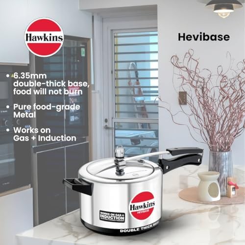 Hawkins Aluminium 5 Litre Hevibase Pressure Cooker, Induction Inner Lid Cooker, Silver (Ih50)