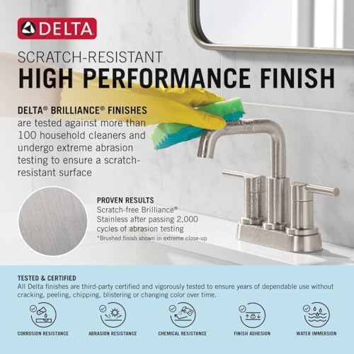 Delta Woodhurst Centerset Brushed Nickel Bathroom Faucet, 4 Inch 3 Hole Bathroom Sink Faucet for Vanity, Metal Push-Pop Drain Assembly