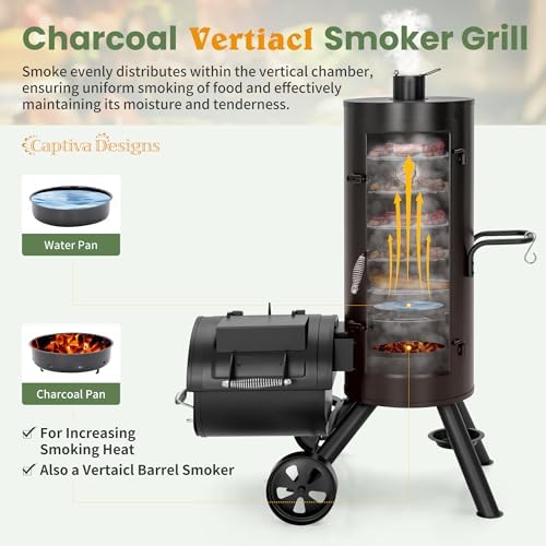 Captiva Designs Vertical Charcoal Smoker Grill Extra Large Barbecue Grill | 961 SQ.IN Outdoor Barrel BBQ Meat Smoker with 5 Removable Smoking Grates & Built-in Hooks for Outdoor Backyard Cooking