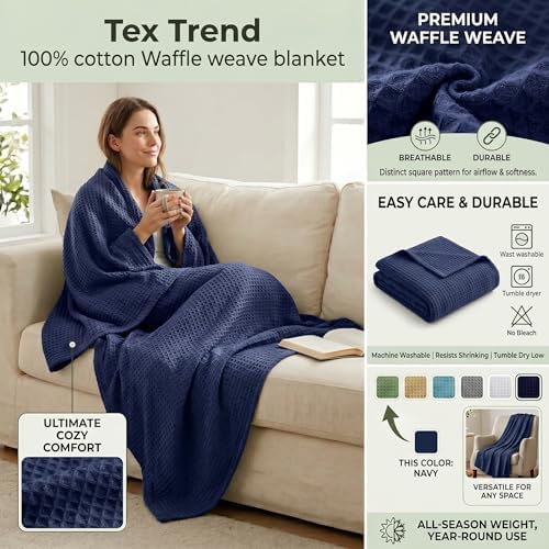 Tex Trend 100% Cotton Waffle Weave Blanket Queen Size - Soft, Breathable Cooling Blanket for Bed, Lightweight Cozy Summer & Spring Bedding, Grey, 90x90