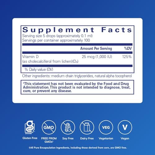 Pure Encapsulations Vitamin D3 (Vegan) Liquid, 0.3 fl. oz. | Hypoallergenic Support for Bone, Breast, Cardiovascular, Colon and Immune Health*