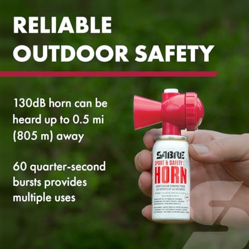 SABRE Sport and Safety Horn, 130 dB Air Horn, 60 ¼ Second or 25 ½ Second Bursts, Audible Up to 1/2-Miles (804-Meters), Perfect for Use at Sporting Events, Boating, Camping, Hiking