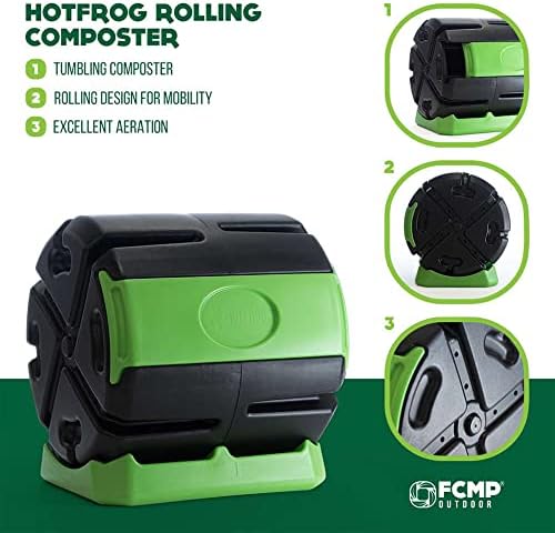 FCMP Outdoor HOTFROG Rolling Single Chamber Batch Tumbling Composter - Outdoor Rotating Garden Compost Bin (HF-RC4000WB) Black & Green (37-Gallon)