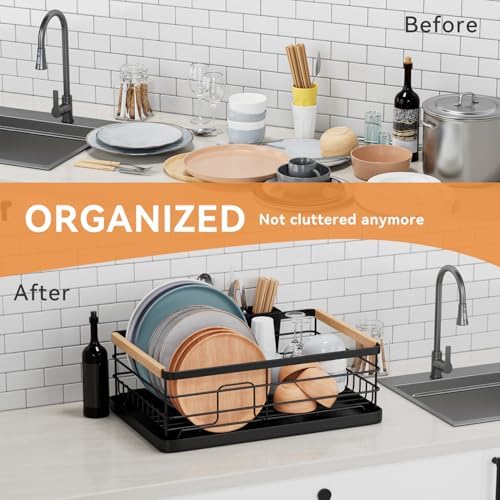 BRIAN & DANY Dish Drying Rack, Dish Racks for Kitchen Counter, Stainless Steel Dish Drainer with Removable Cutlery Holder & Drainboard, White