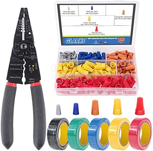 Glarks 8" 10-22 AWG Multifunction Wire Stripper/Crimper/Cutter and 175Pcs Twist Nuts Caps Electrical Wire Connectors Screw Terminals with 5Pcs