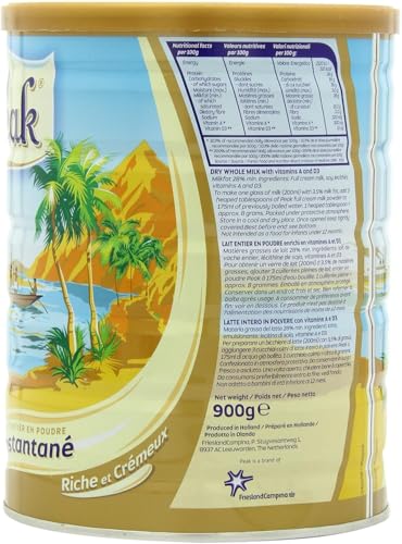 Peak Whole Milk Powder, 2 Pound (900g) Can - European Milk from Holland, rBST Free, Full Rich Flavor, Dissolves Instantly, Long Shelf Life