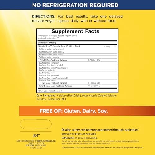 Renew Life Ultimate Flora Probiotic 15 Billion CFU | 30 Delayed Release Vegan Capsules Go Pack | Everyday Care Formula | Dairy, Soy, and Gluten Free Supplement